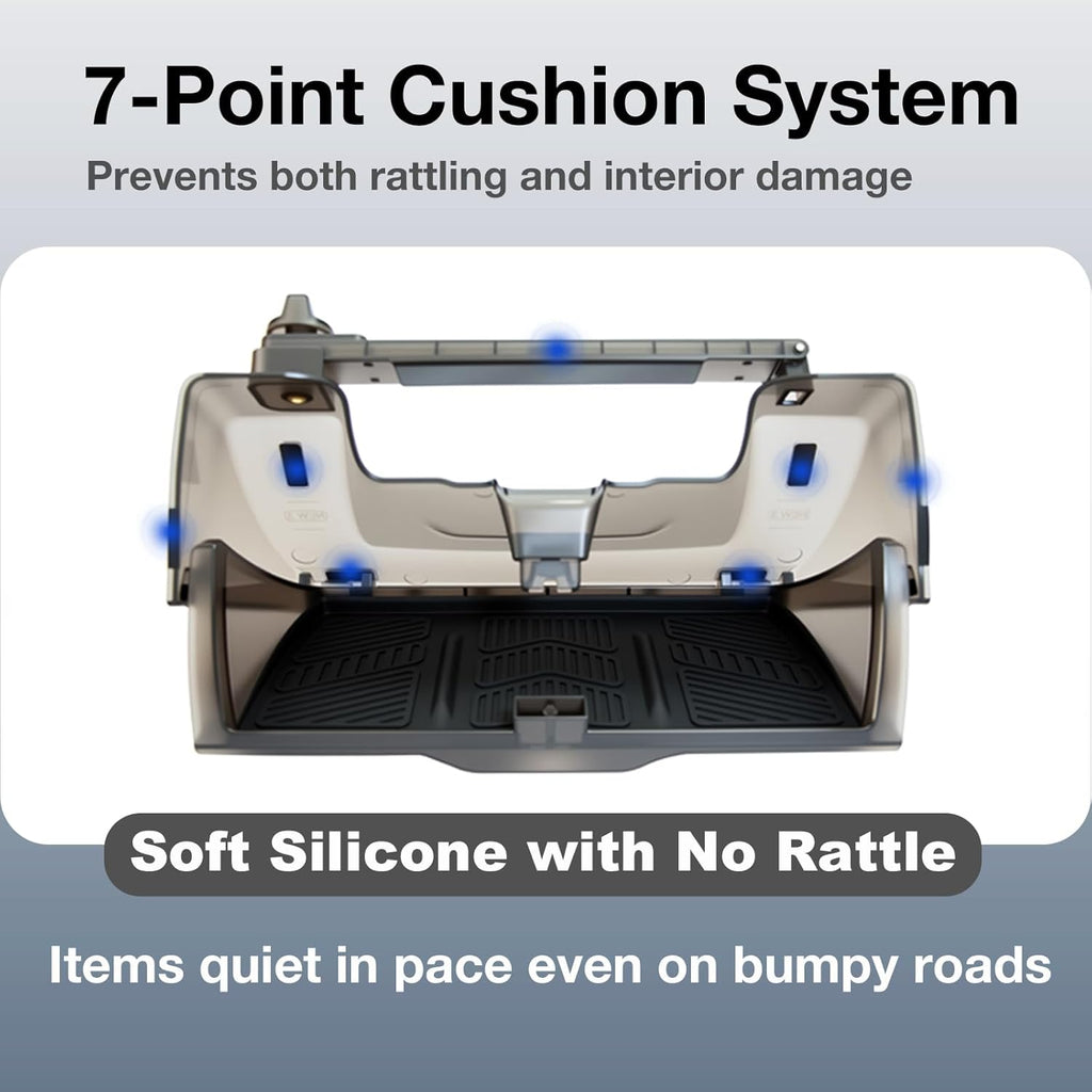 Car glove box with 7-point cushion system and soft silicone pads to reduce rattling