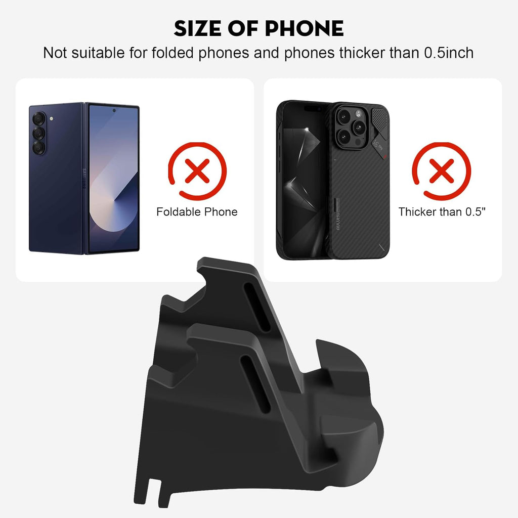 Phone holder compatibility guide showing it is not suitable for foldable or thick phones.
