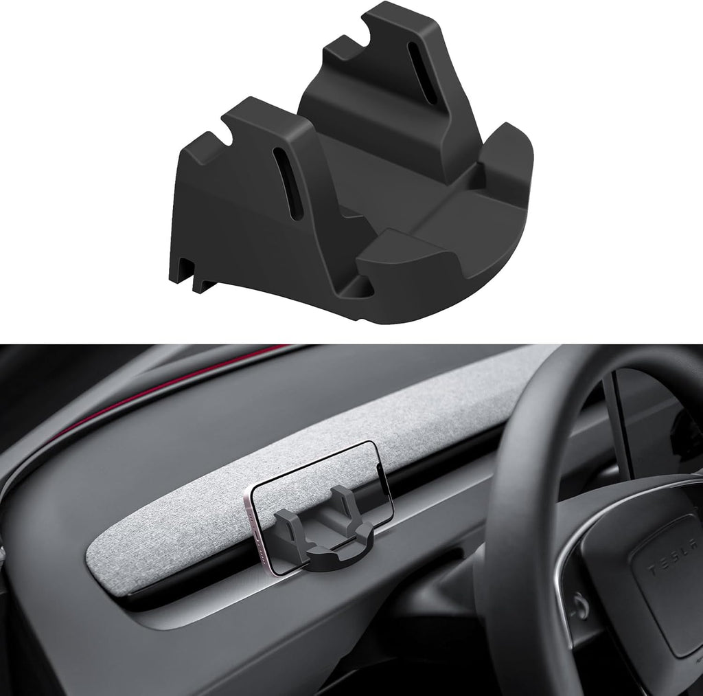 Black phone holder mount installed on car dashboard, compatible with Tesla Model 3 or Y