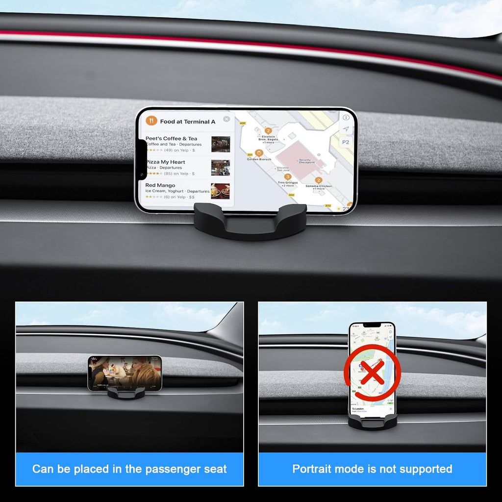 Car dashboard phone holder with horizontal mount, shows map app and landscape mode usage.