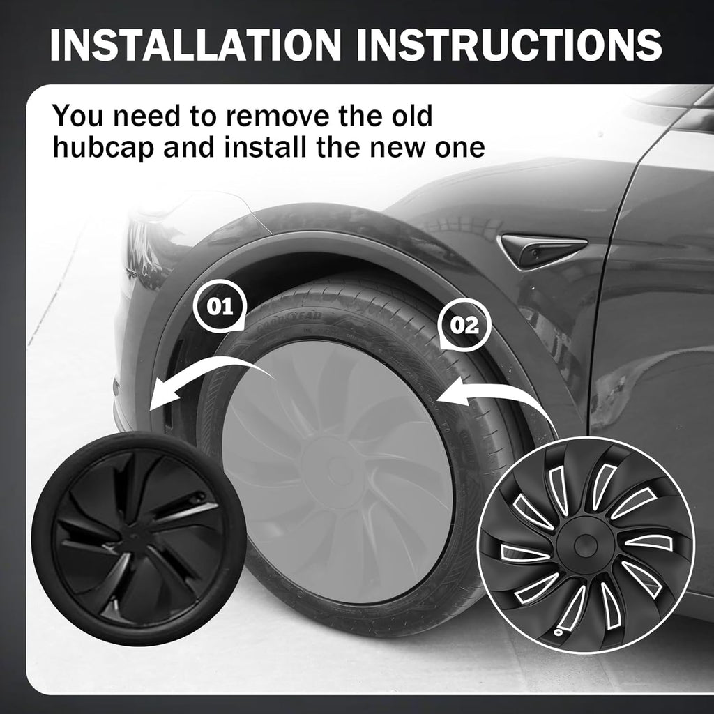 Car hubcap installation instructions showing old and new wheel covers on a vehicle tire.