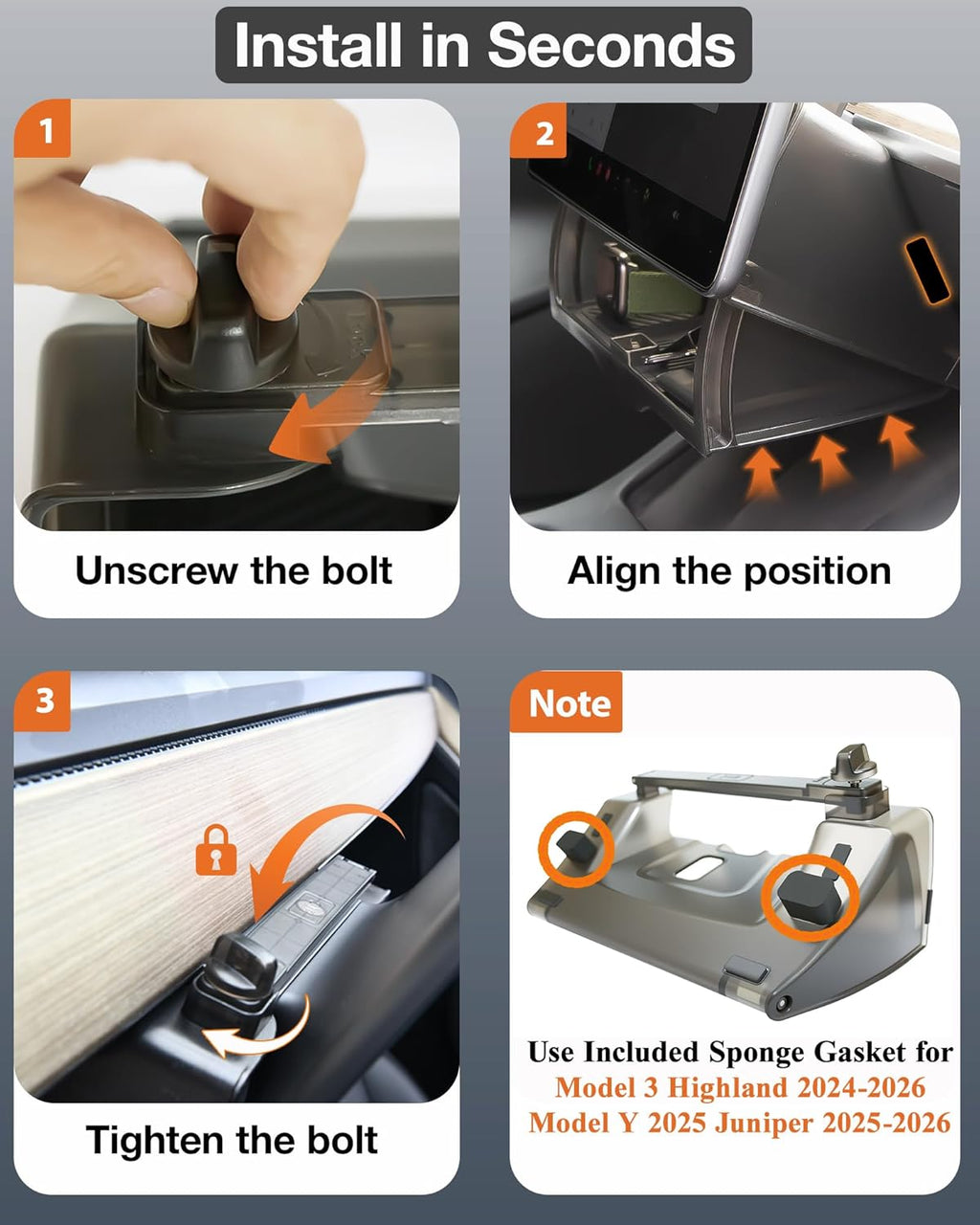 Step-by-step guide showing installation of a car accessory mount for Model 3 and Model Y.