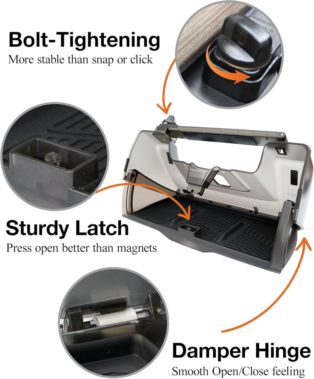 Car glove box storage tray with bolt-tightening, sturdy latch, and damper hinge features