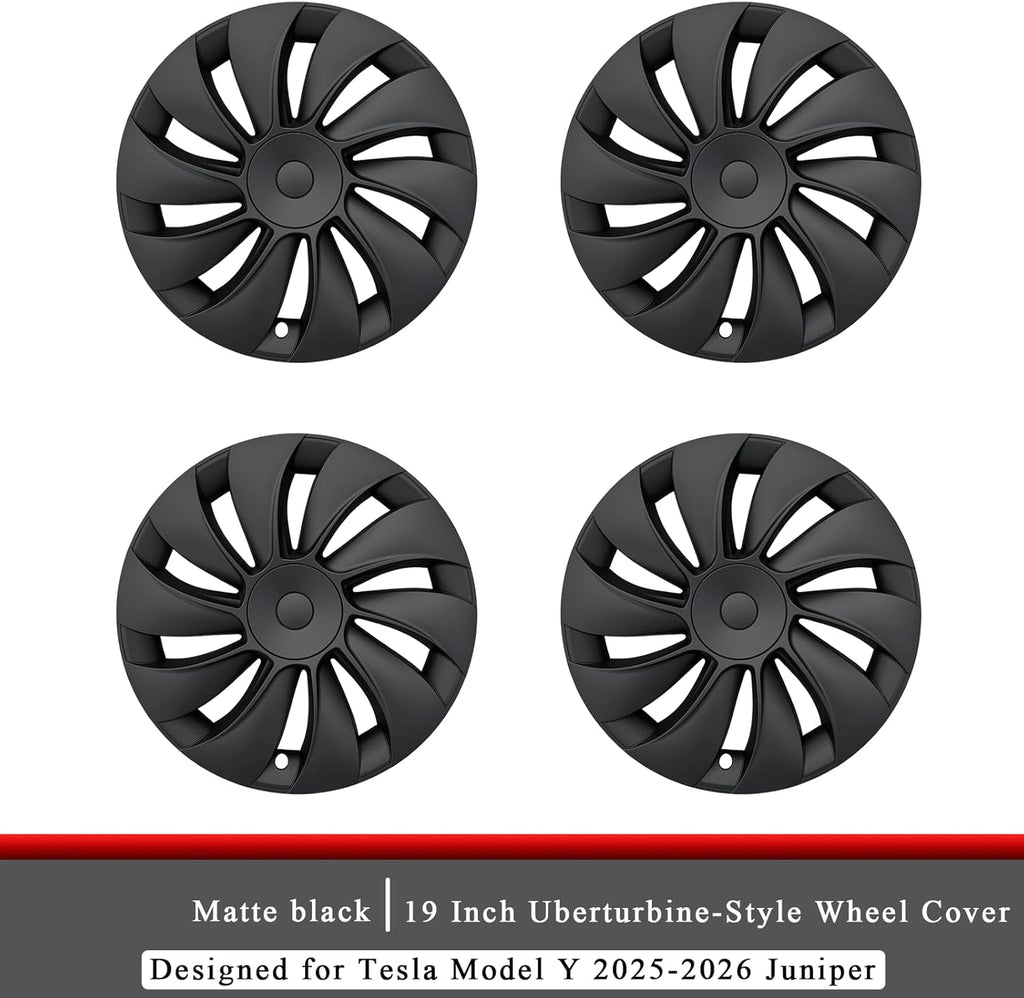 Youten 4PCS 19 Inch Hubcaps, Matte Black Aerodynamic Wheel Covers for 2025-2026 Tesla Model Y Juniper Crossflow Wheels, Snap-On Installation, Fit RWD/AWD