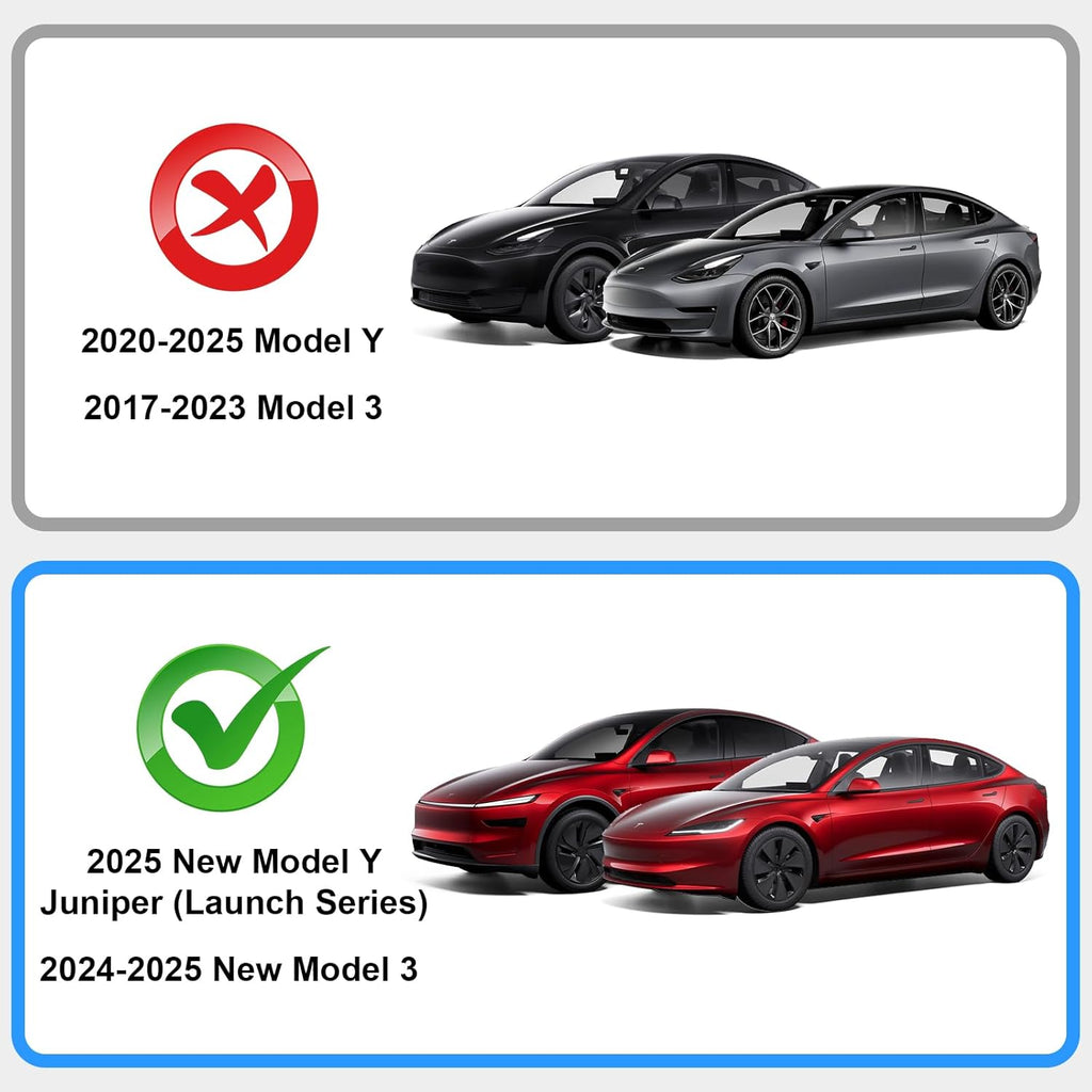 Compatibility guide with images of Tesla Model Y and Model 3, showing the correct years for parts fitment, highlighting 2025 New Model Y Juniper and 2024-2025 New Model 3 in red as compatible.
