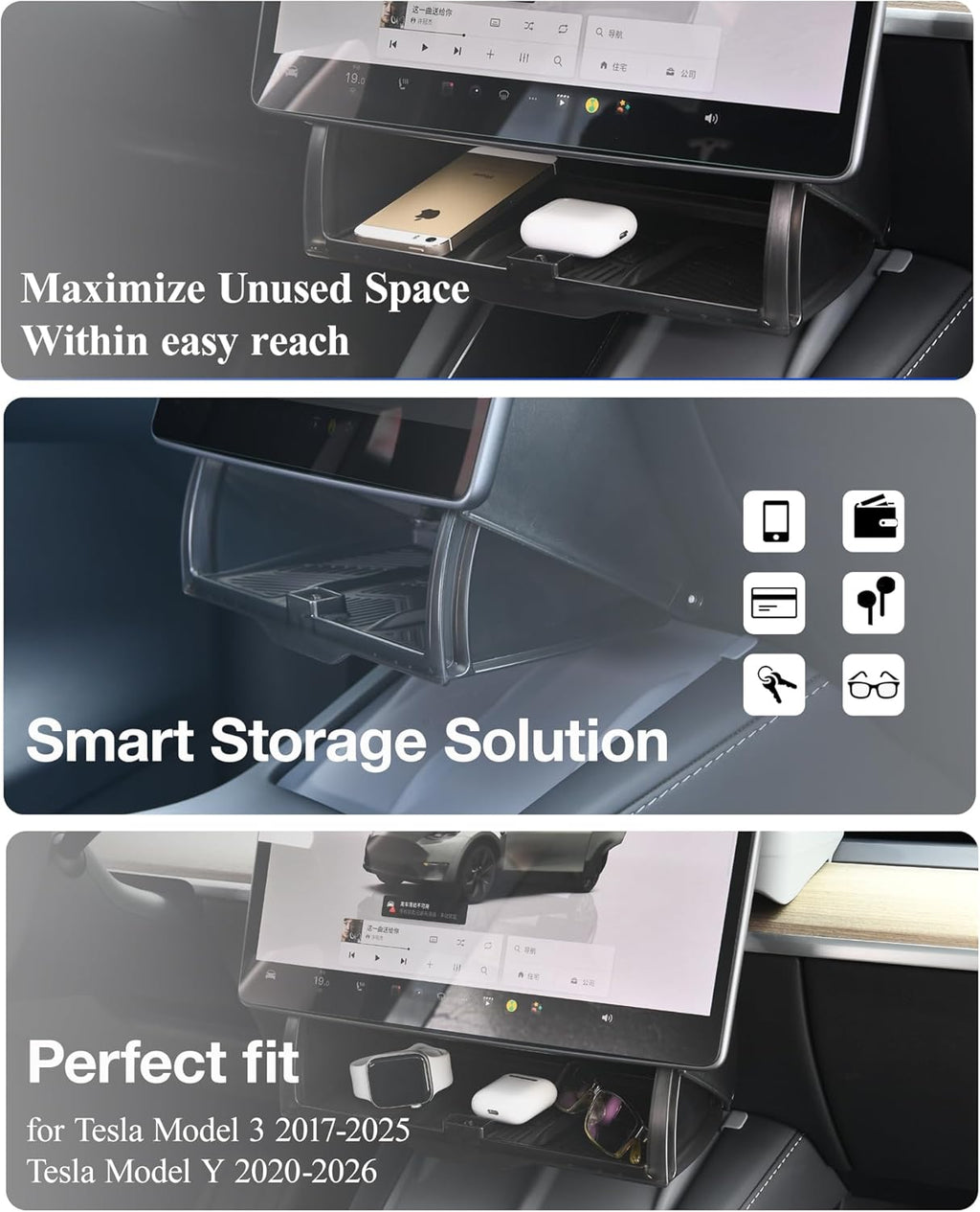 Car dashboard organizer tray for Tesla Model 3 2017-2025 and Model Y 2020-2026, black storage compartment under touchscreen display holding phone, earbuds, and sunglasses.