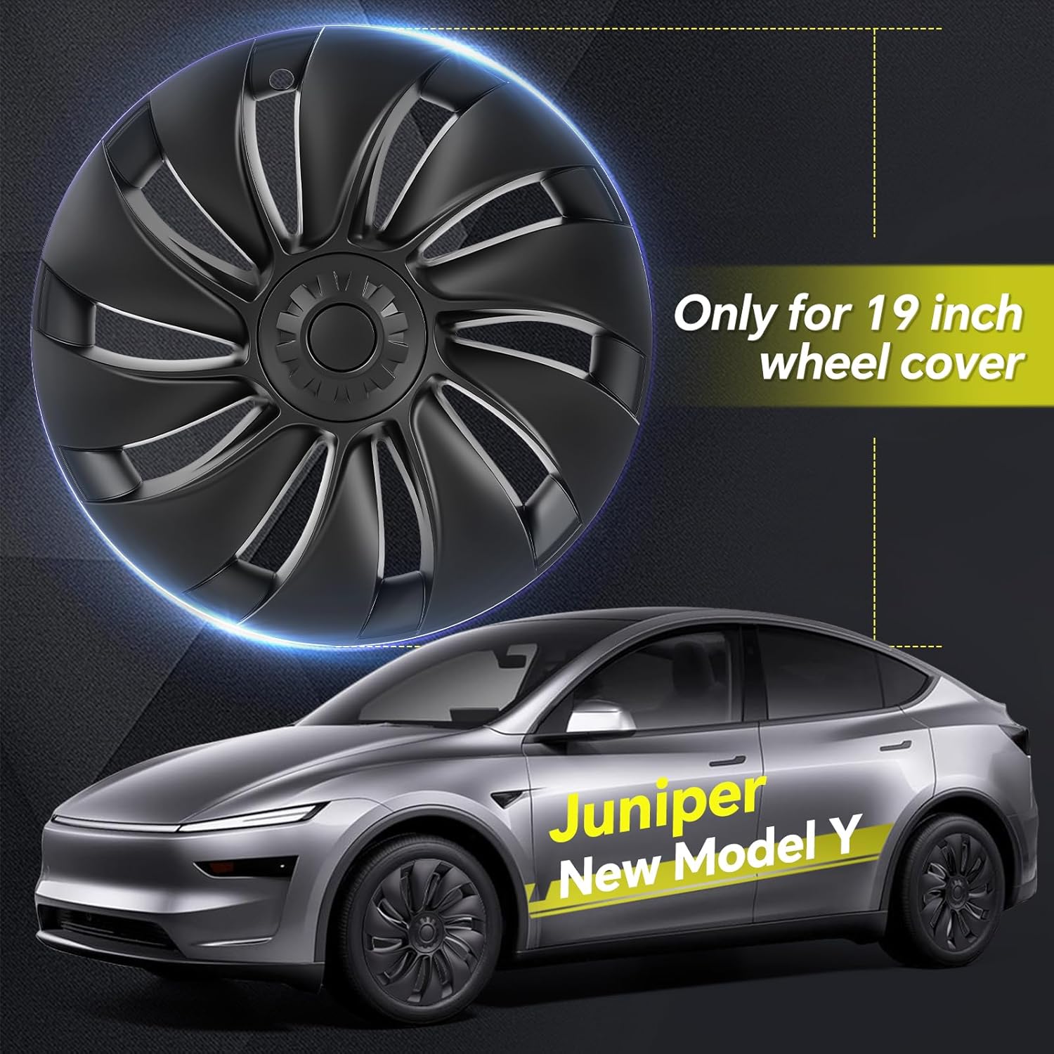Youten 19" Matte Black ABS Wheel Covers, 4-Pcs Hubcaps with Rim Protectors for 2025-2026 Tesla Model Y Juniper (Not for 2021-2024)
