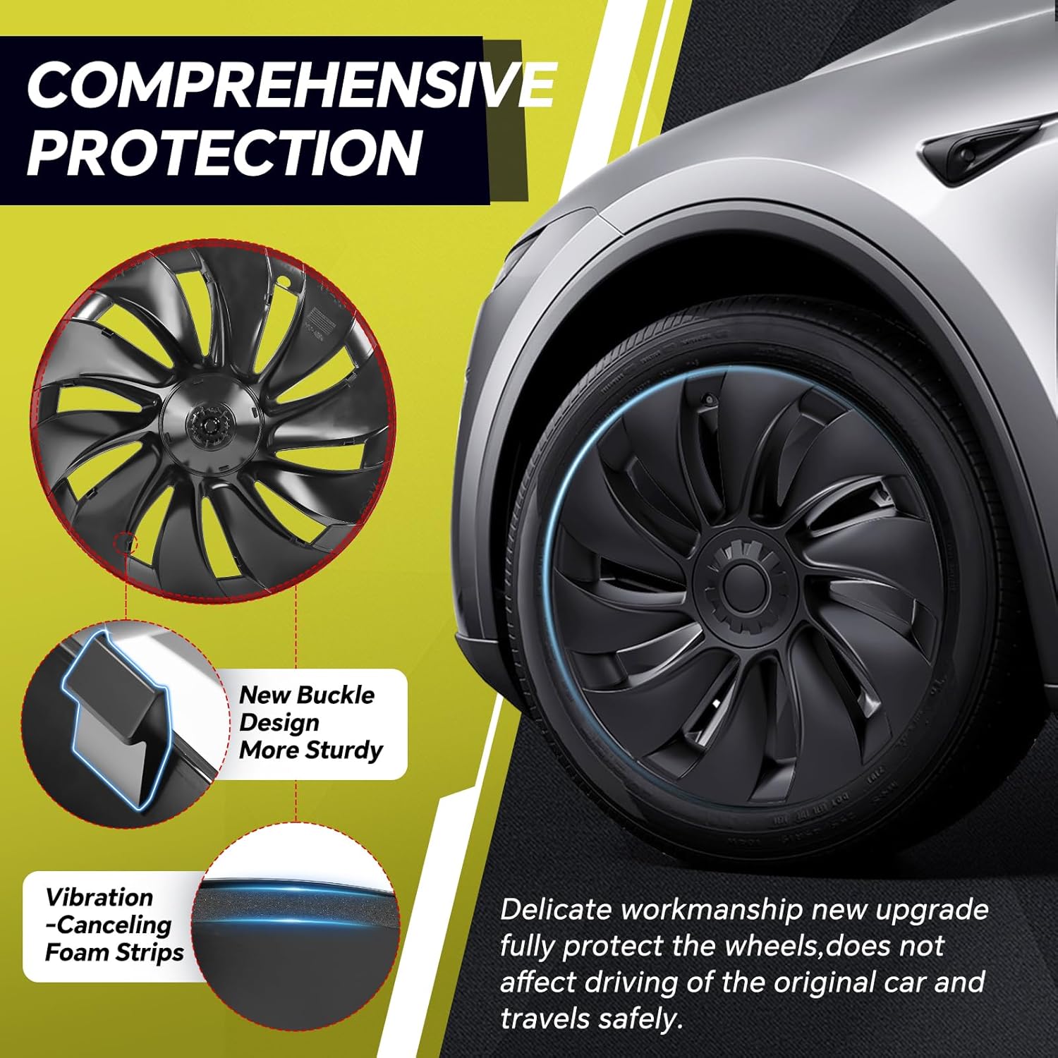 Youten 19" Matte Black ABS Wheel Covers, 4-Pcs Hubcaps with Rim Protectors for 2025-2026 Tesla Model Y Juniper (Not for 2021-2024)