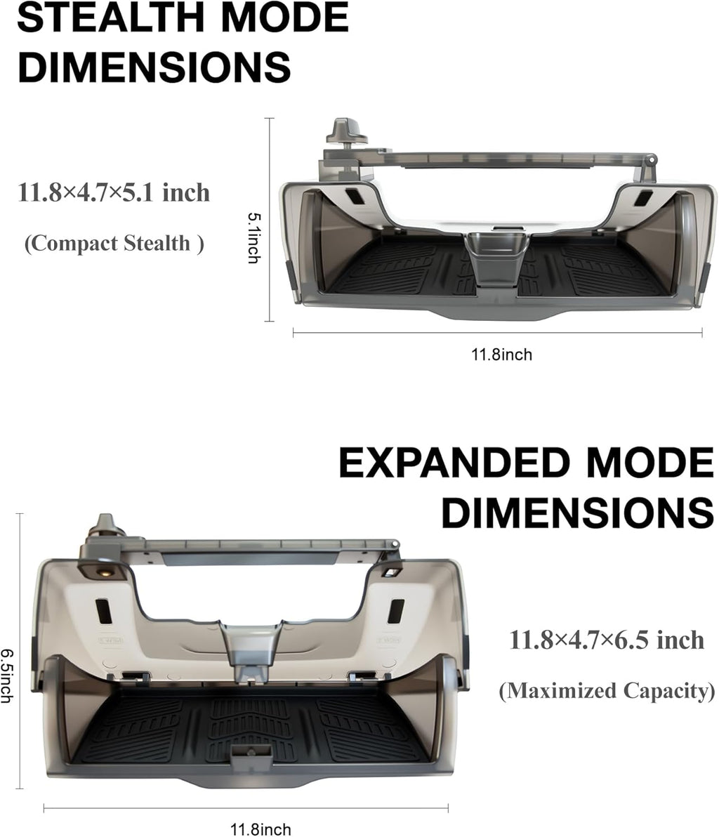 Collapsible car storage organizer in stealth and expanded modes with dimensions shown