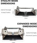 Collapsible car storage organizer in stealth and expanded modes with dimensions shown