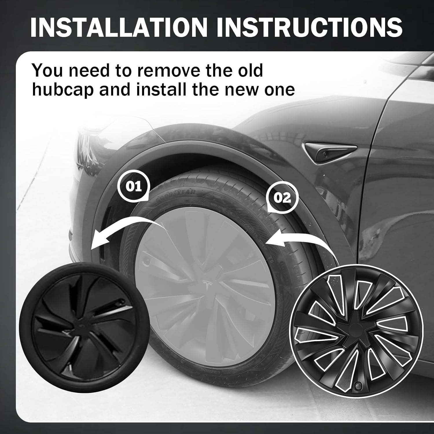 Youten 19" Matte Black Hub Caps for Tesla Model Y Juniper