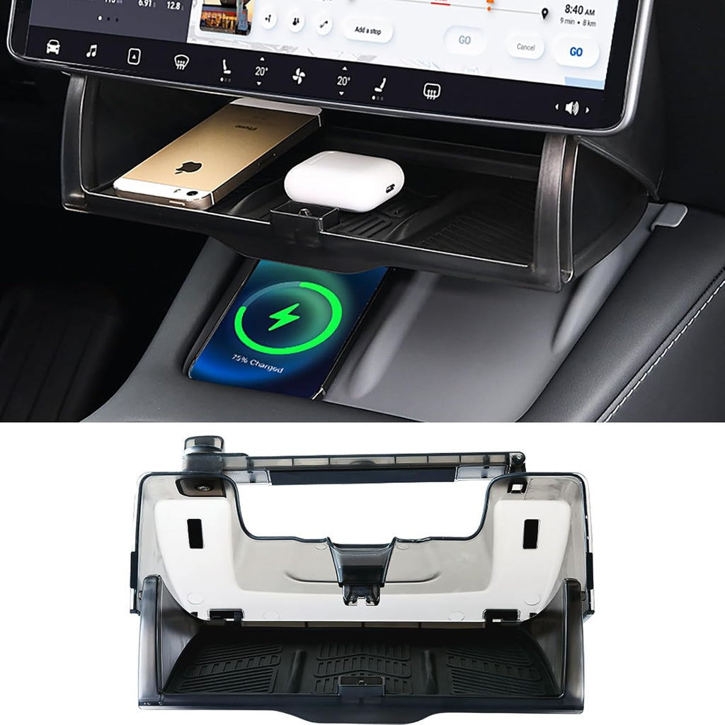 Center console organizer tray with wireless charging pad for car interior, holds phone and accessories