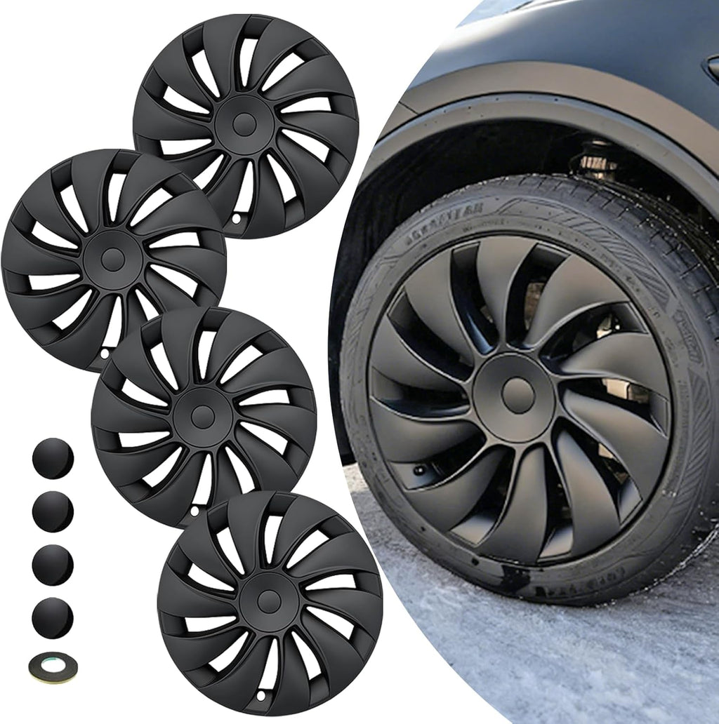 Youten 4PCS 19 Inch Hubcaps, Matte Black Aerodynamic Wheel Covers for 2025-2026 Tesla Model Y Juniper Crossflow Wheels, Snap-On Installation, Fit RWD/AWD