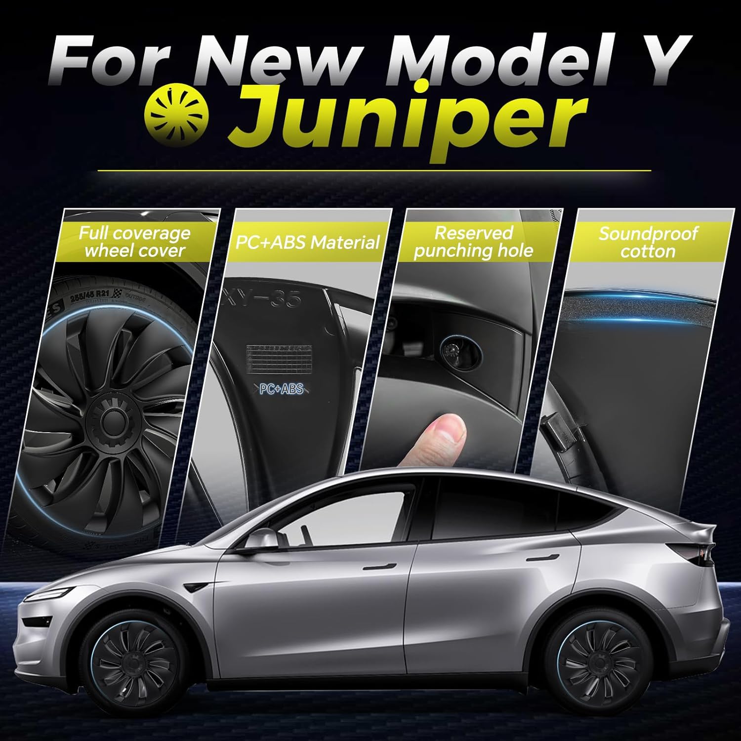Youten 19" Matte Black ABS Wheel Covers, 4-Pcs Hubcaps with Rim Protectors for 2025-2026 Tesla Model Y Juniper (Not for 2021-2024)