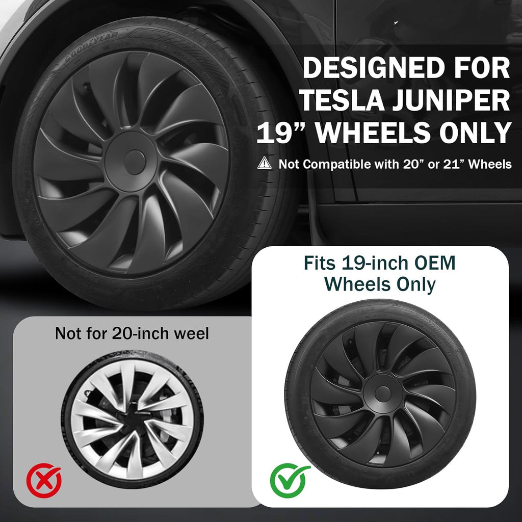 Matte black 19-inch wheel cover designed for Tesla Juniper, fits only 19-inch OEM wheels.