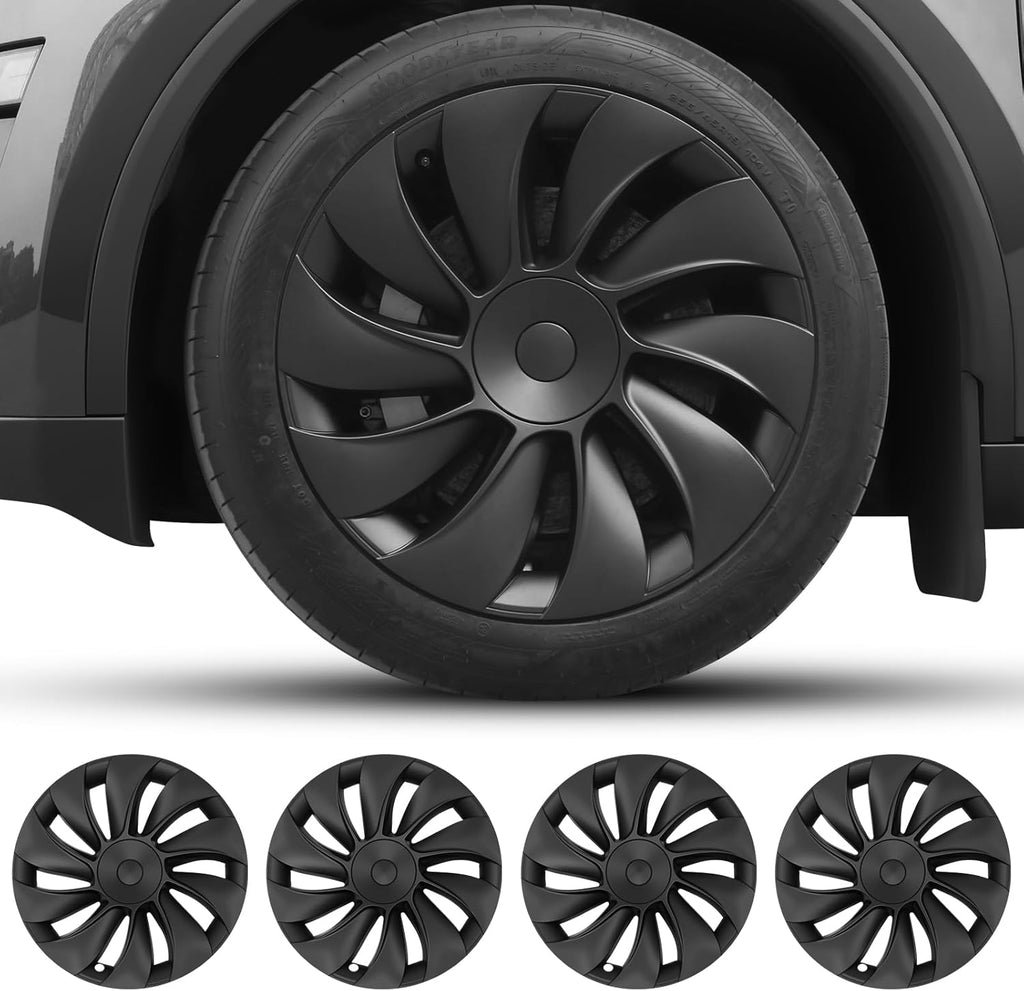 Set of matte black wheel covers for car tires, modern spiral spoke design
