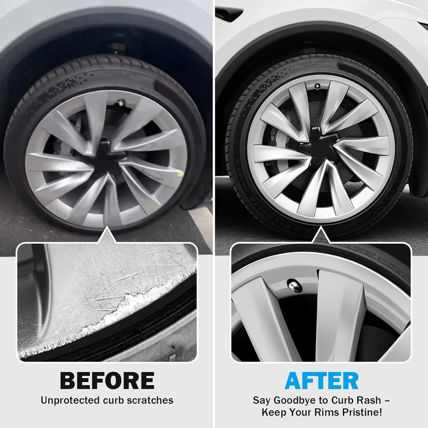 Before and after comparison of car wheel rim showing curb rash damage versus rim protection accessory.