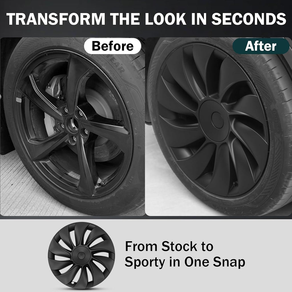 Before and after comparison of car wheel with matte black wheel cover installed for sporty look.
