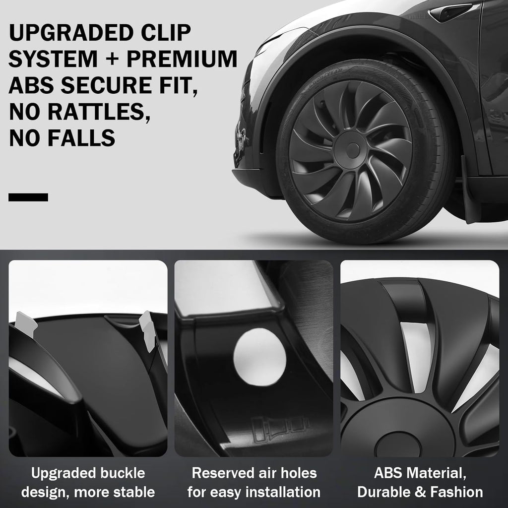 Close-up of black ABS car wheel cover with upgraded clip system and easy-install features.