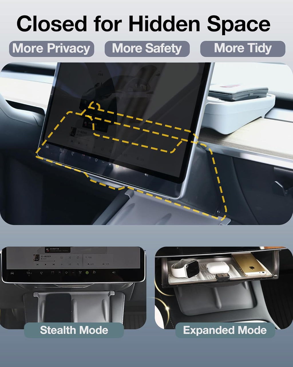 Car hidden storage compartment under dashboard display, showing stealth and expanded modes for storing electronics.