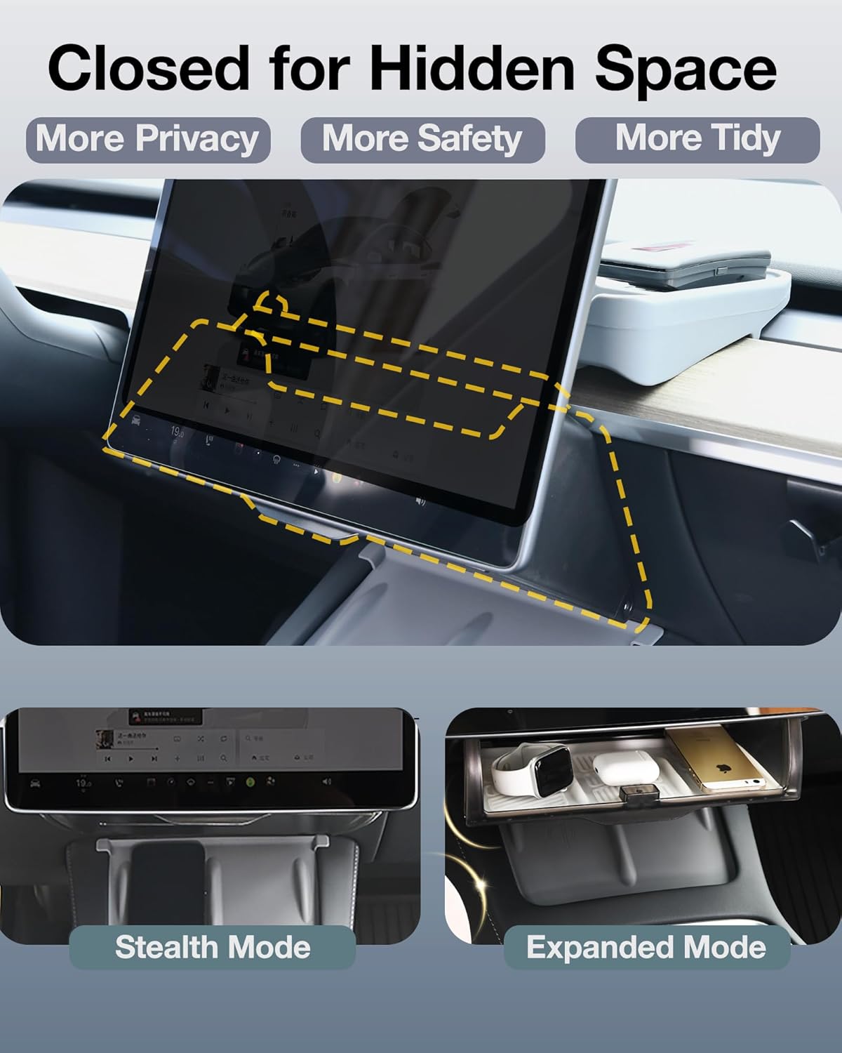 Youten Tesla Under Screen Storage Box | Model 3 / Model Y Hidden Console Organizer