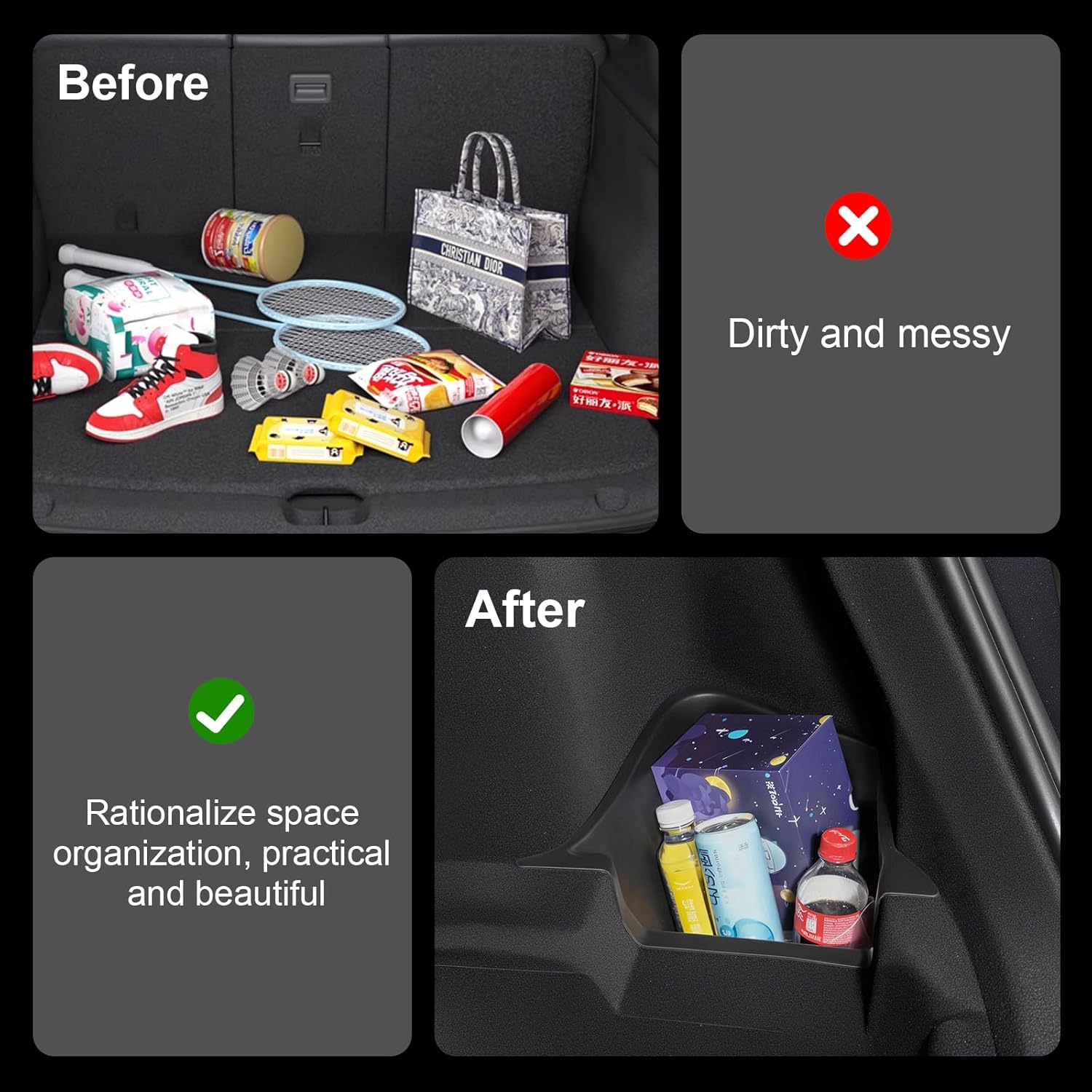 Youten TPE Rear Trunk Organizer with Lids, Waterproof Anti-Rattle Cargo Side Storage Bin for 2025-2026 Tesla Model Y Juniper 5-Seater